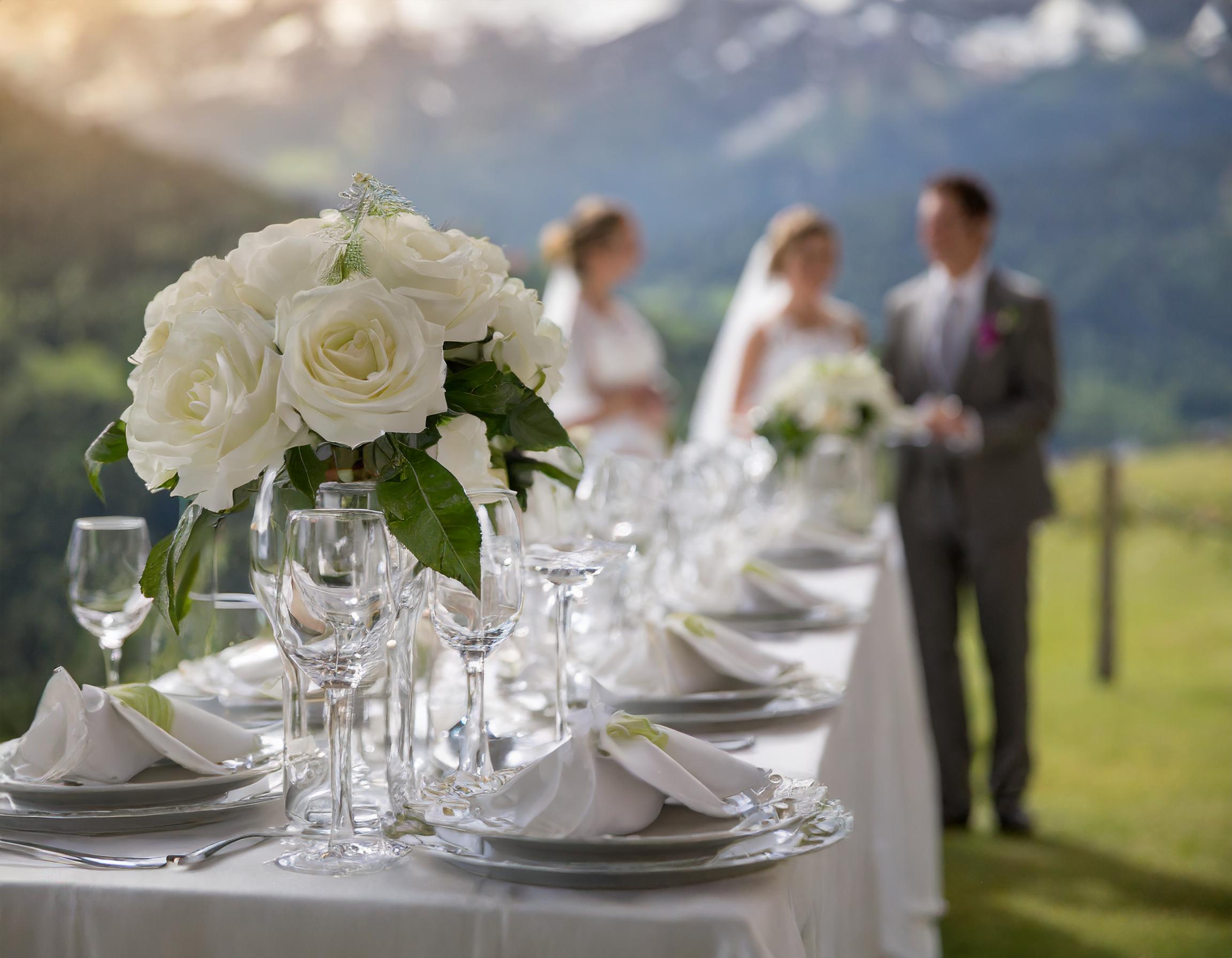 mariage fête, des invités 48666 Une table de mariage dressée avec des fleurs posées sur la table et les mariés en fond
